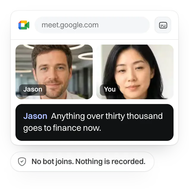 Ein Google Meet-Fenster mit zwei Personen und den Live-Untertiteln des Käufers, gekennzeichnet als ohne Bot und ohne Aufzeichnung.