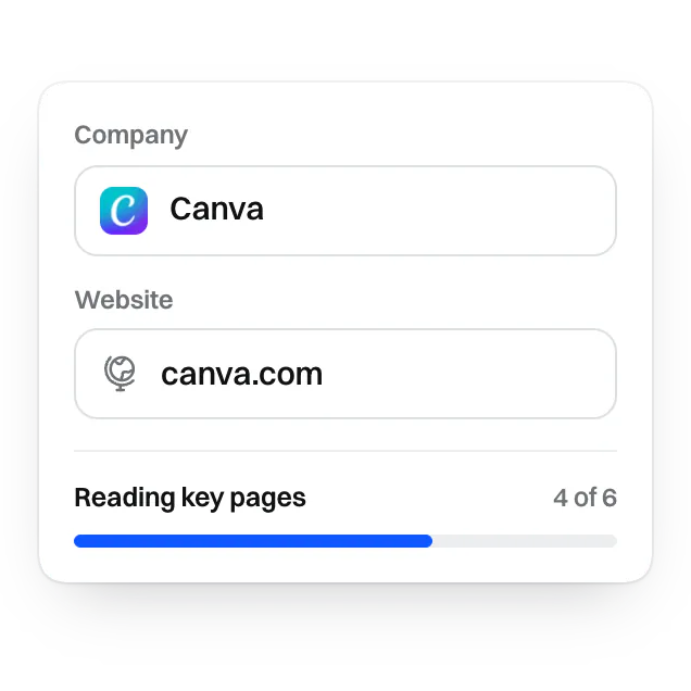 企業名「Canva」とウェブサイト「canva.com」が入力された新規企業フォームと、主要ページの読み取り状況を示すプログレスバー。