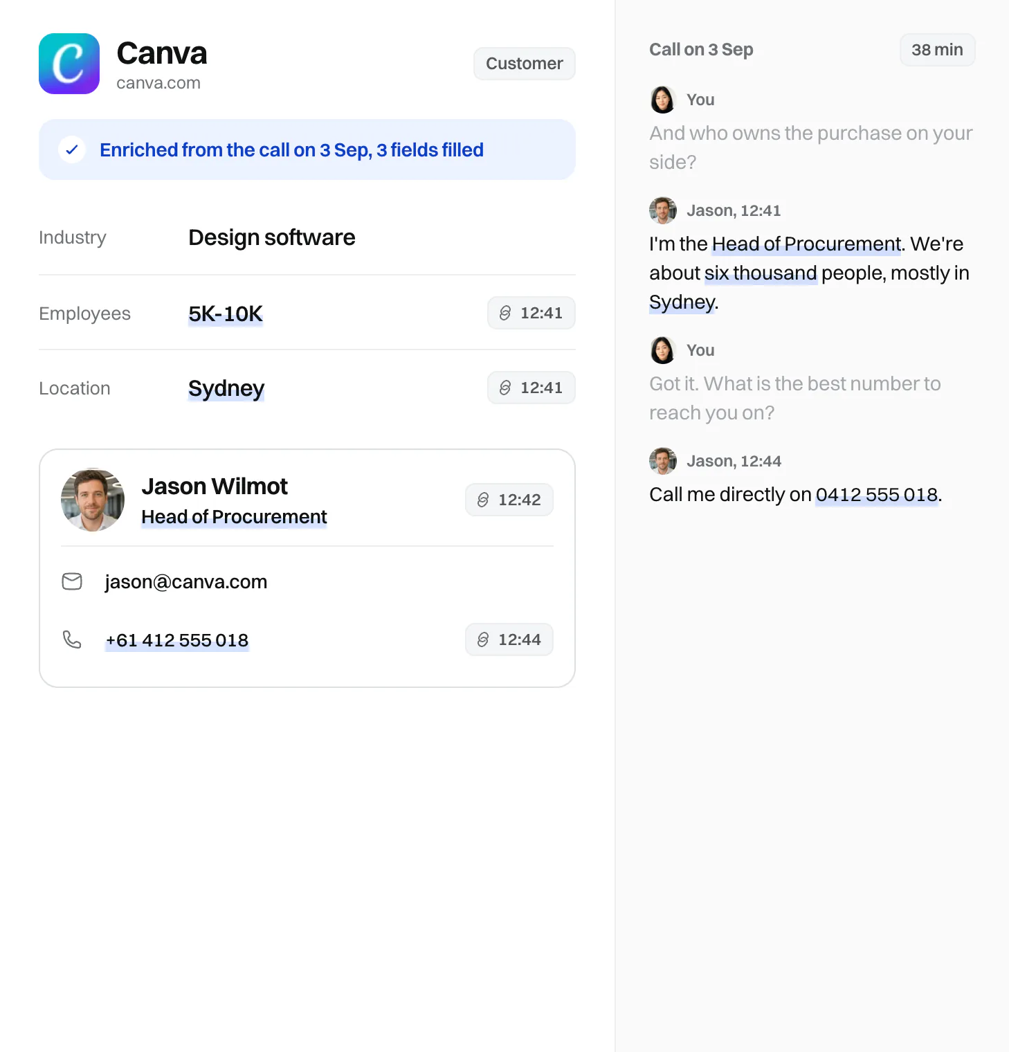 A Canva record with employees, location and a contact's job title filled from a call, each tagged with the time of the transcript line, beside that transcript.