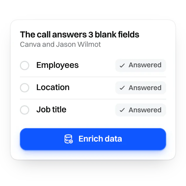 A prompt saying the call answers three blank fields, with an Enrich data button.
